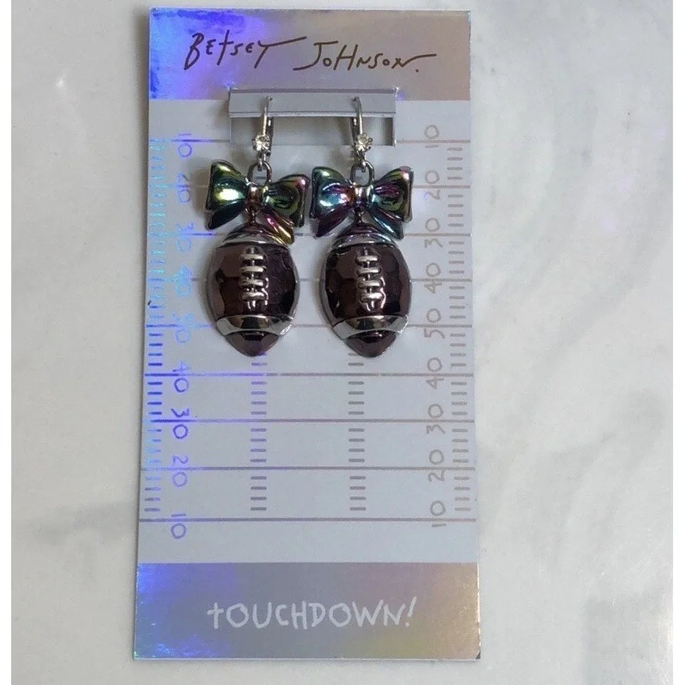 Betsey Johnson Touch Down Iridescent Bow & Brown Metallic Football Drop Earrings